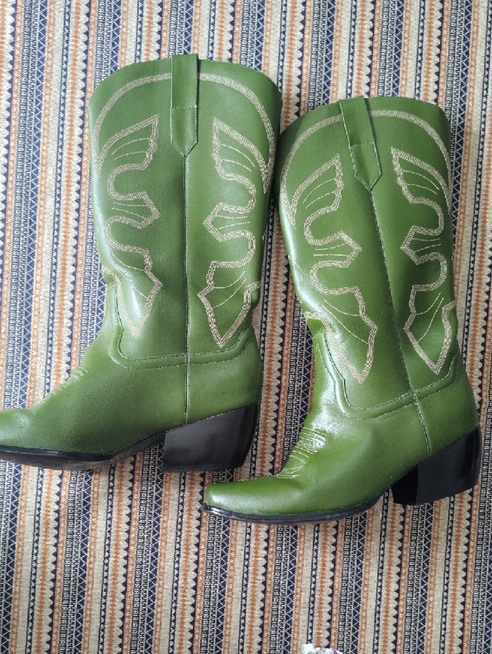 Y2K Newport News Olive Green Western Cowboy Boots Contrast Stitch Mid Calf 7.5 - Picture 4 of 11